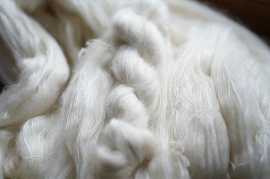 Undyed Mohair Silk Yarn 50g in lace weight, featuring a soft blend of 60% kid mohair and 40% silk, ideal for hand knitting and crochet projects.