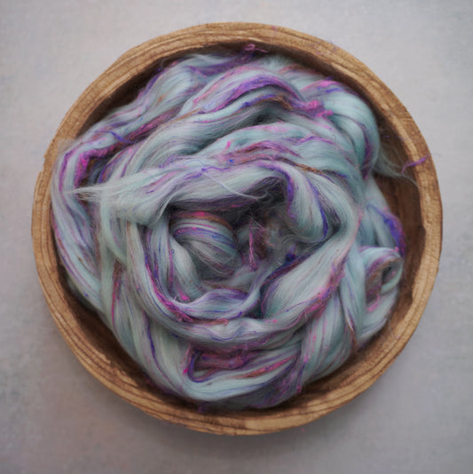 By the Pound - Merino Wool Sari Silk Roving - "Blue Swirl" for spinning felting needle art Custom blend